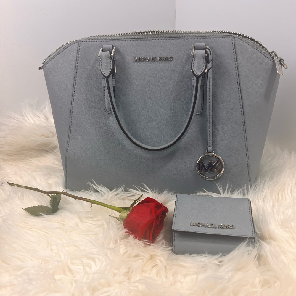 Michael Kors Ciara Satchel Handbag Saffiano Leather Large Light blue w/wallet